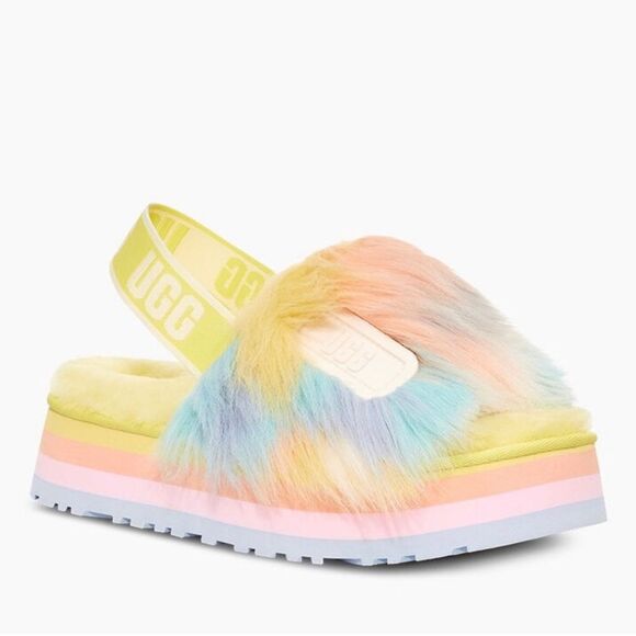 Sz 10 ugg disco fur  fluff slippers unicorn pastel tie dye slingback shoe - Picture 2 of 9
